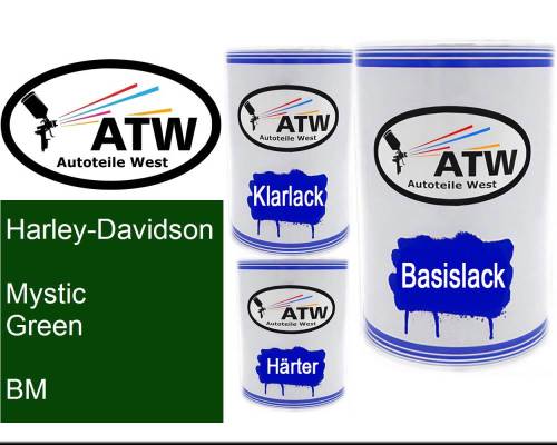 Harley-Davidson, Mystic Green, BM: 500ml Lackdose + 500ml Klarlack + 250ml Härter - Set, von ATW Autoteile West.